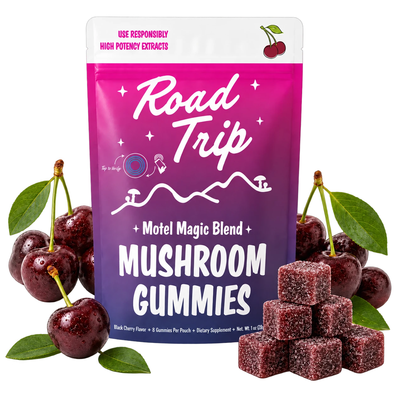 Road Trip Motel Magic Bland Mushroom Gummies — Black Cherry — 8ct
