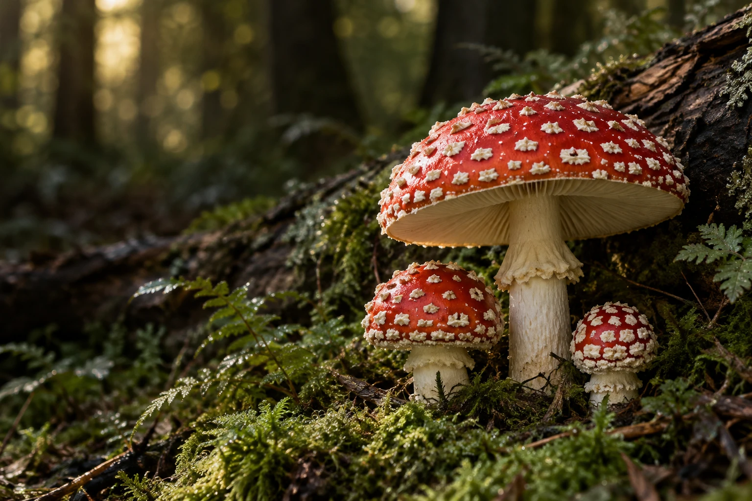 Red and white Amanita muscaria in a mossy forest
